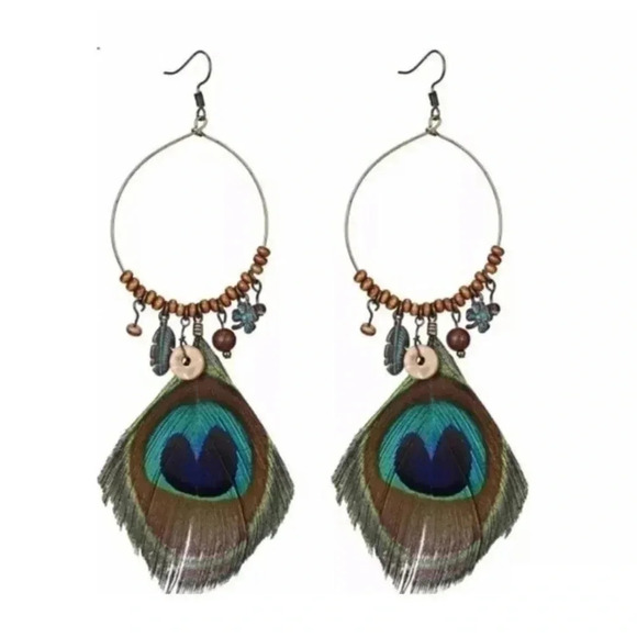 Jewelry - Pretty Peacock Feather and Charms Drop Earrings NWT